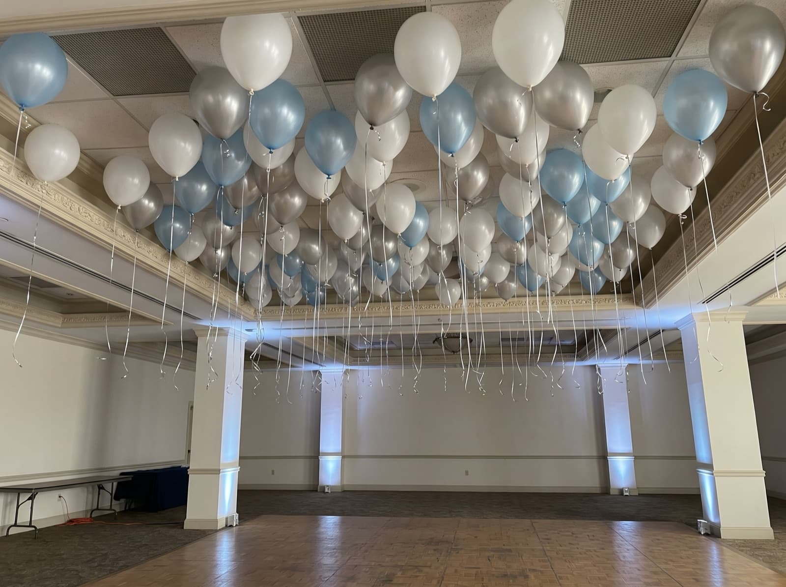 Balloon ceiling over a ballroom dance floor
