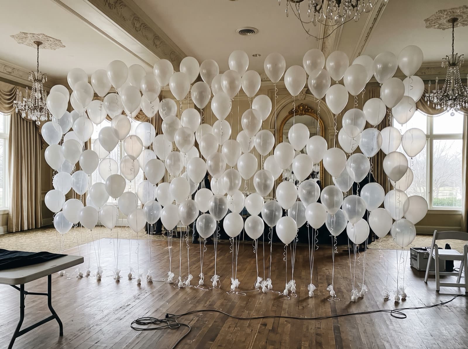 Floating helium balloon wall with ribbons