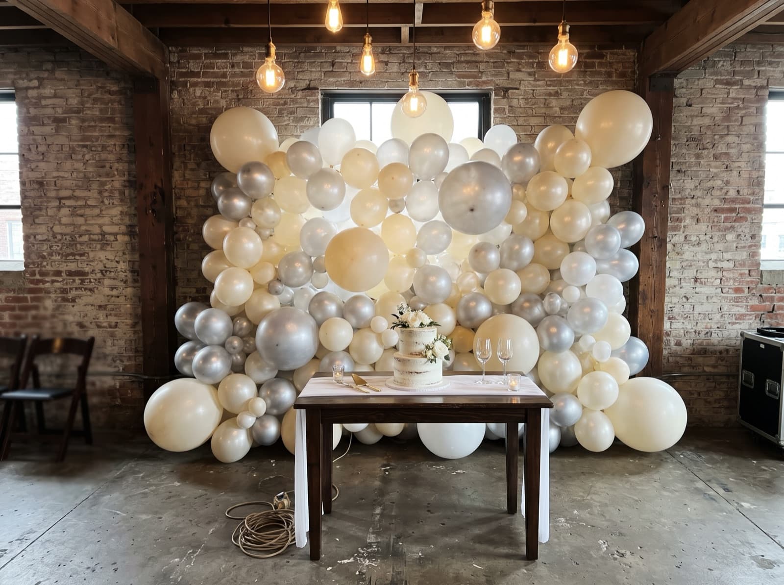 Organic balloon wall in ivory, pearl and soft silver behind a sweetheart table in a Charlotte event space